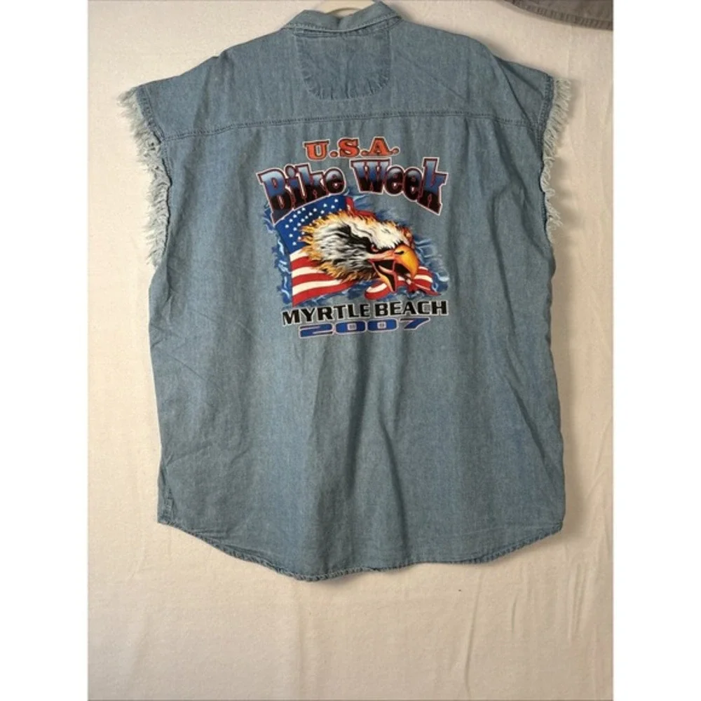 VINTAGE US Bike Week Myrtle Beach 2007 Cutoff Sleeves Jean Shirt XL Harley K1183